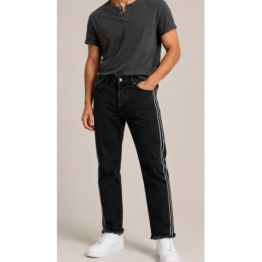 Forever 21 Men Black‎ Side Stripe Raw Hem Slim Jeans Size 32 Button Fly